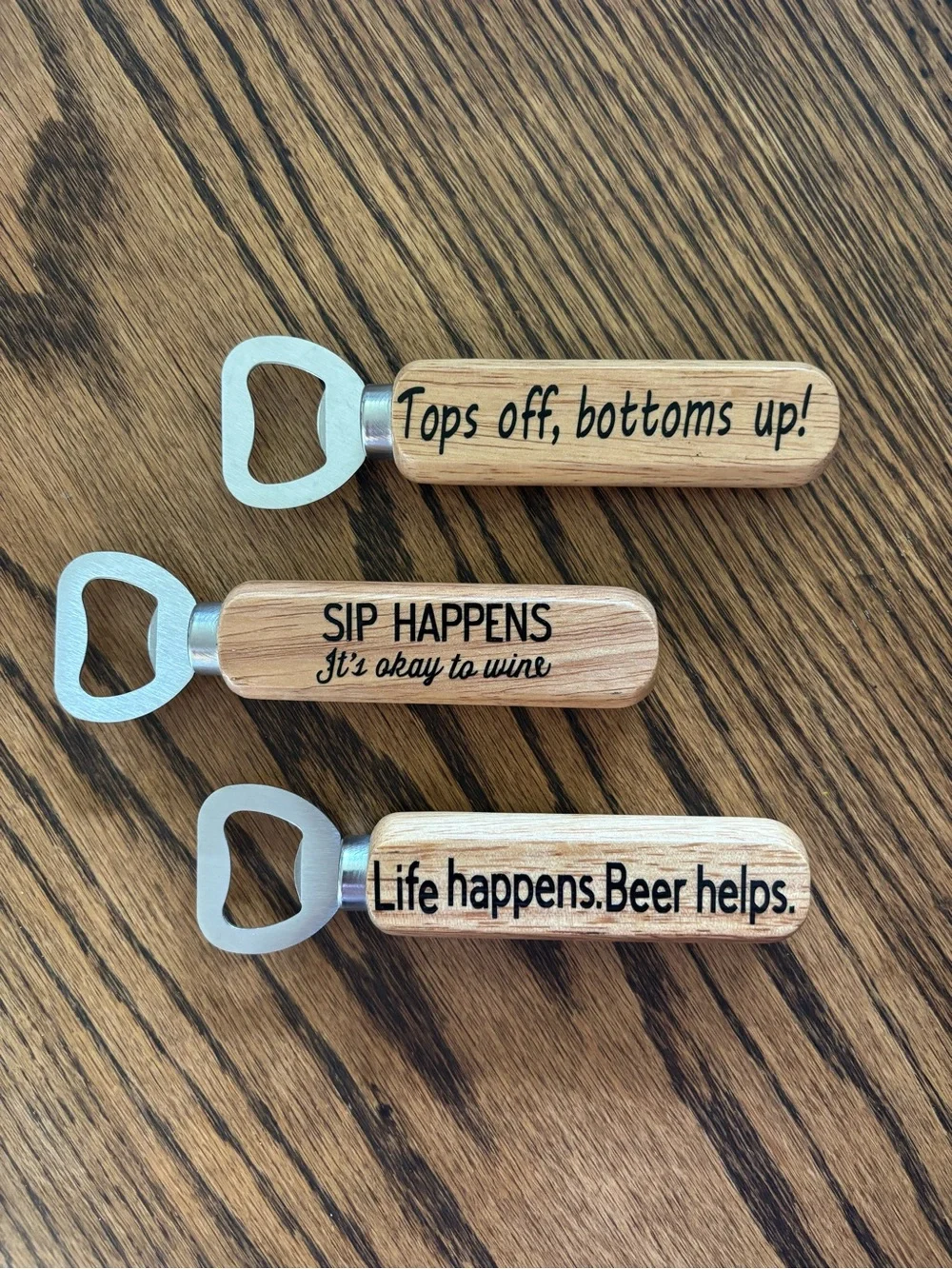3 Wood Handle Bottle Openers with Humorous Sayings - Natural Wood